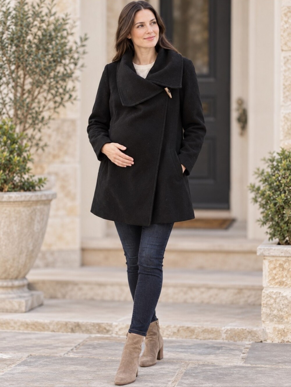 Seraphine Black Wool-Blend Pea Coat with Wide Shawl Collar | US8